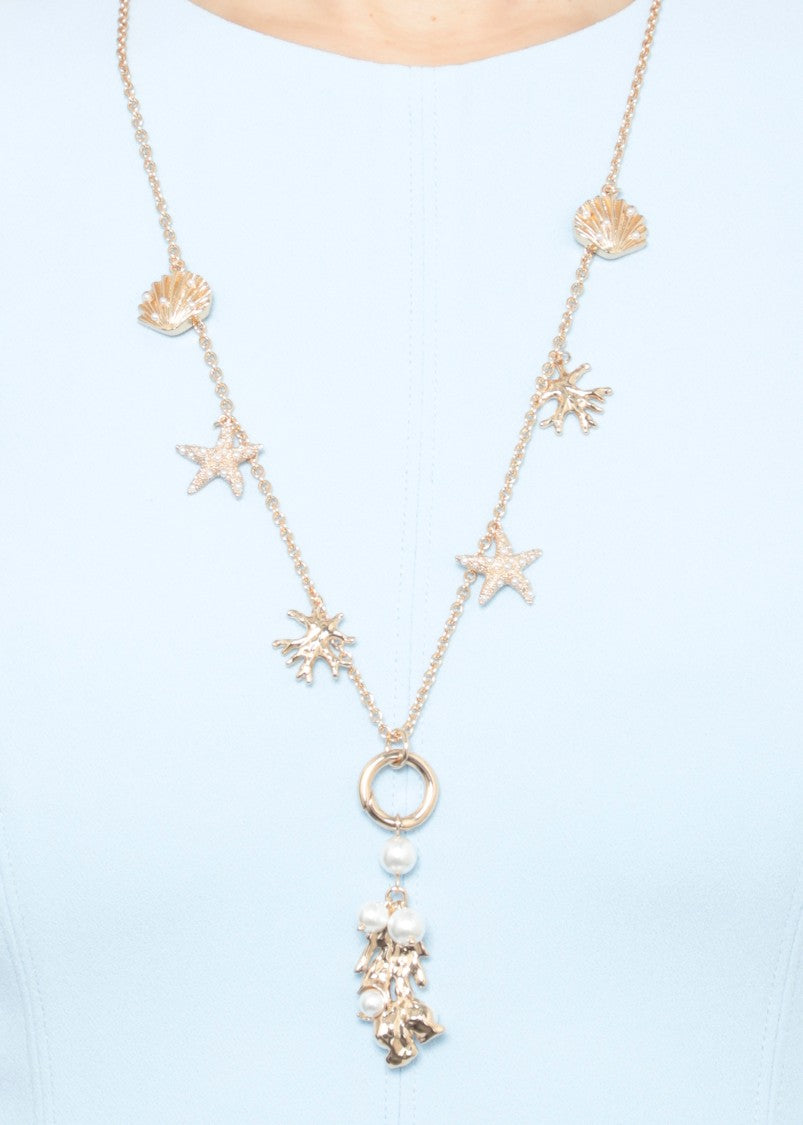 Self-Portrait Marine-Inspired Gold Charm Necklace With Textured Coral