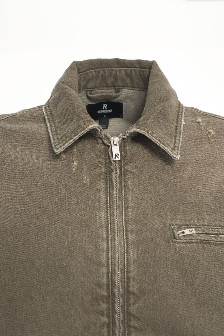 Represent Boxy Fit Distressed Denim Jacket With Zip Detail