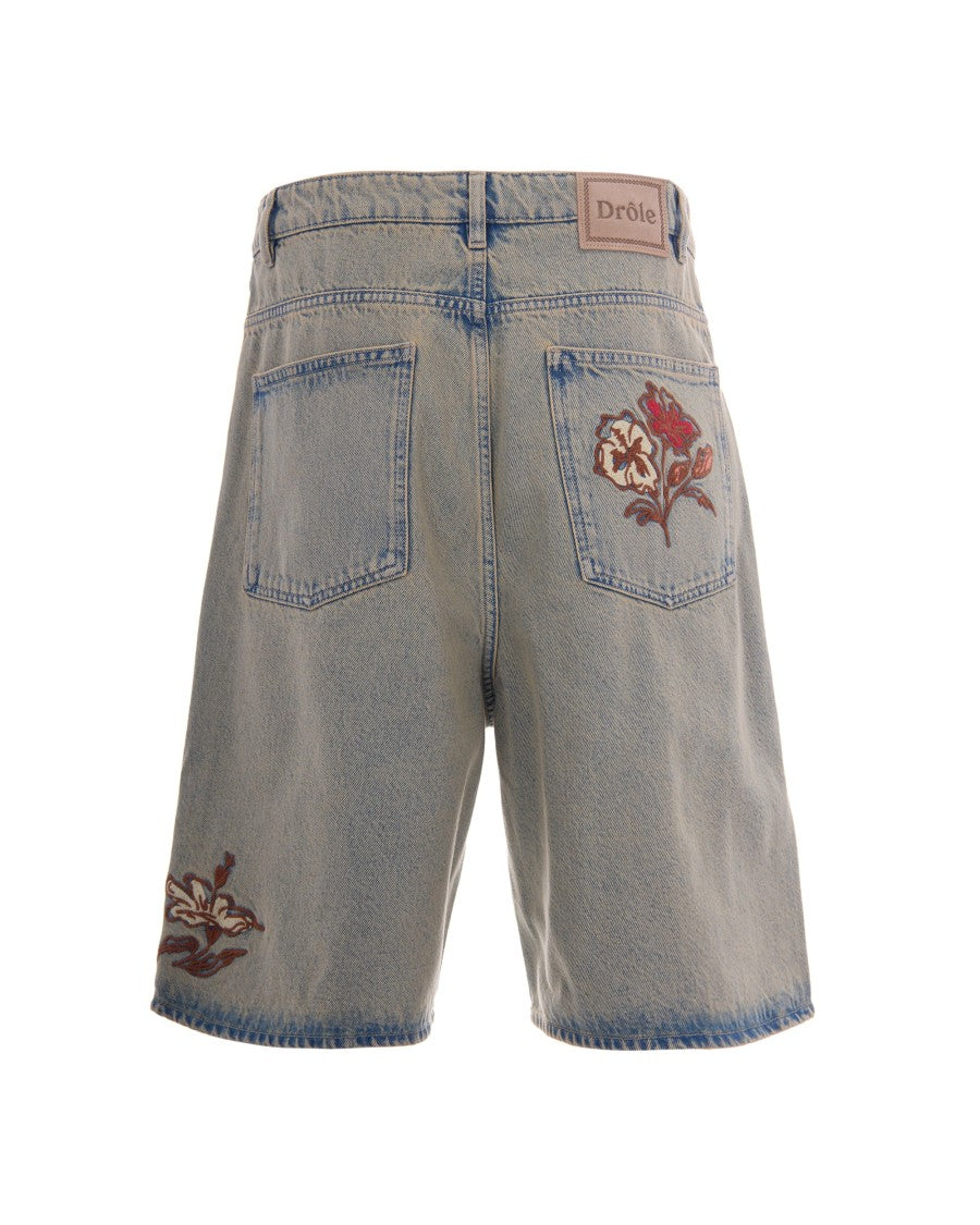 Drôle De Monsieur Oversized Denim Shorts With Floral Embroidery And Five Pockets