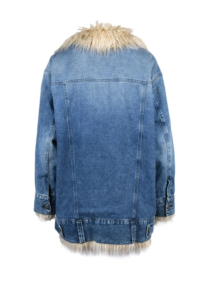 Dondup Light Blue Padded Faux Fur Trim Cotton Denim Overcoat