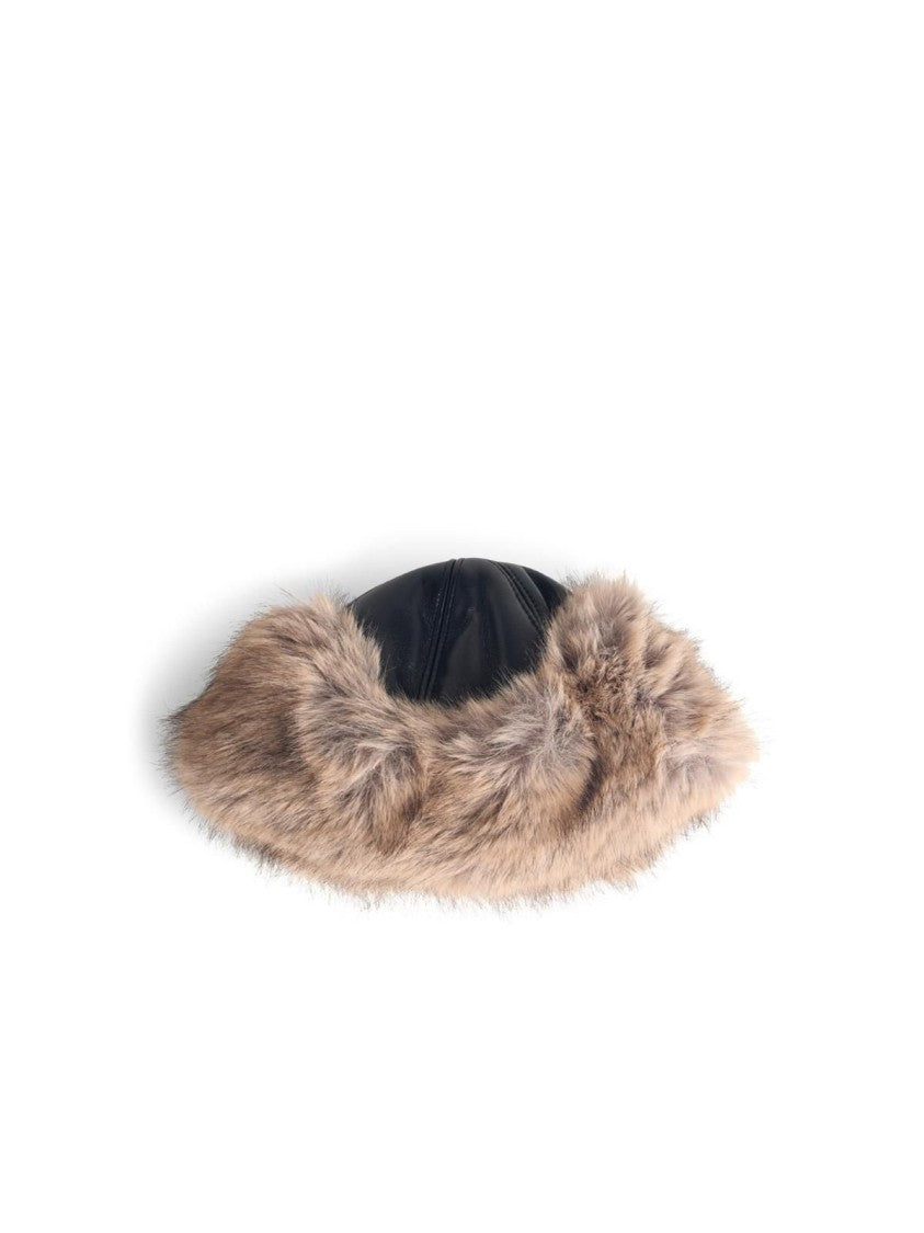 Stand Studio Plush Black Hat With Beige Faux Fur Trim