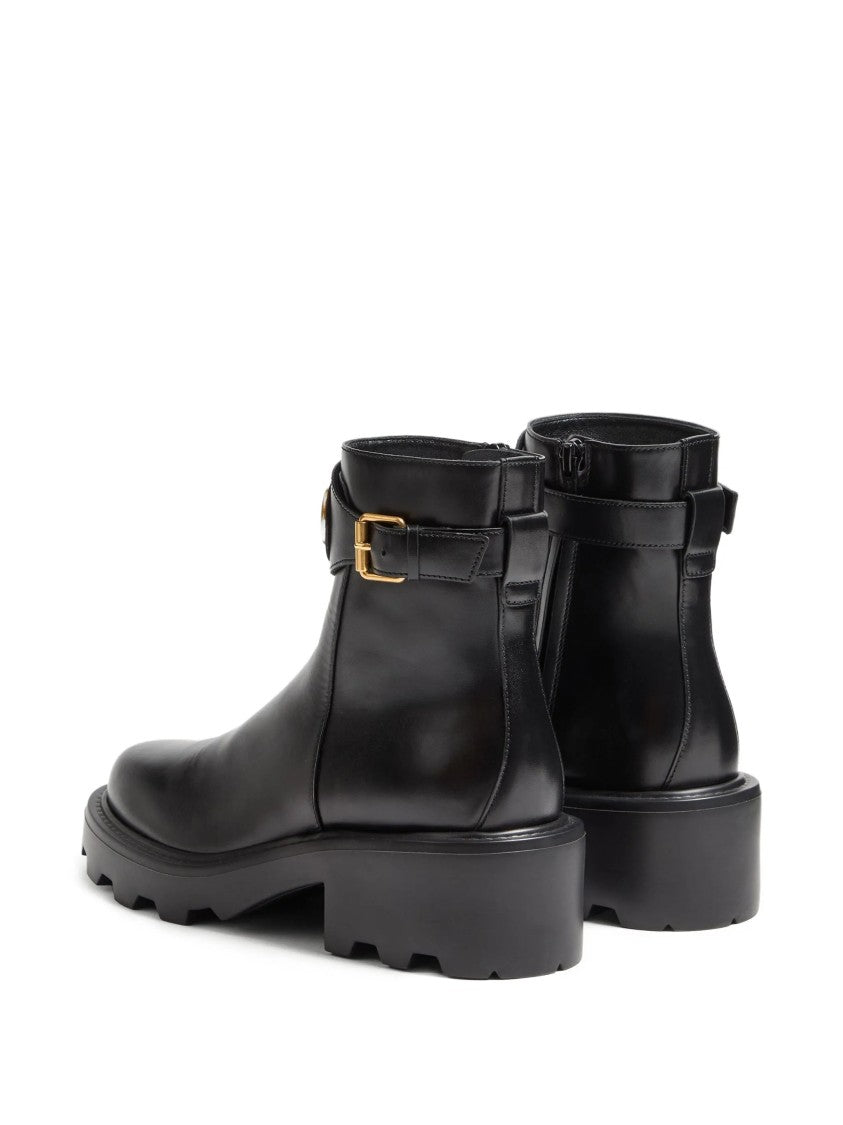 Valentino Black Leather Ankle Boots With Gold-Tone Logo And Chunky Sole