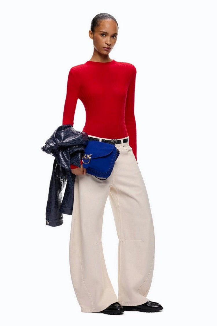 Pinko Red Wool Ribbed Mock-Neck Sweater