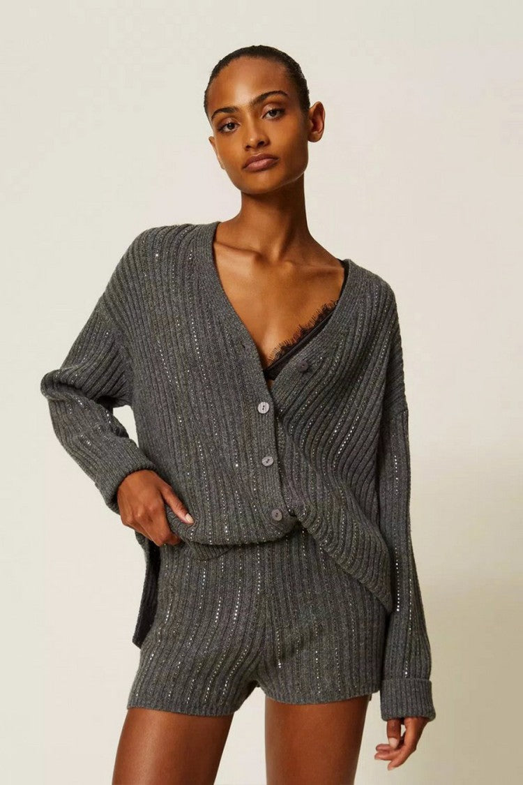 Twin-Set Grey Ribbed Viscose-Blend Shorts