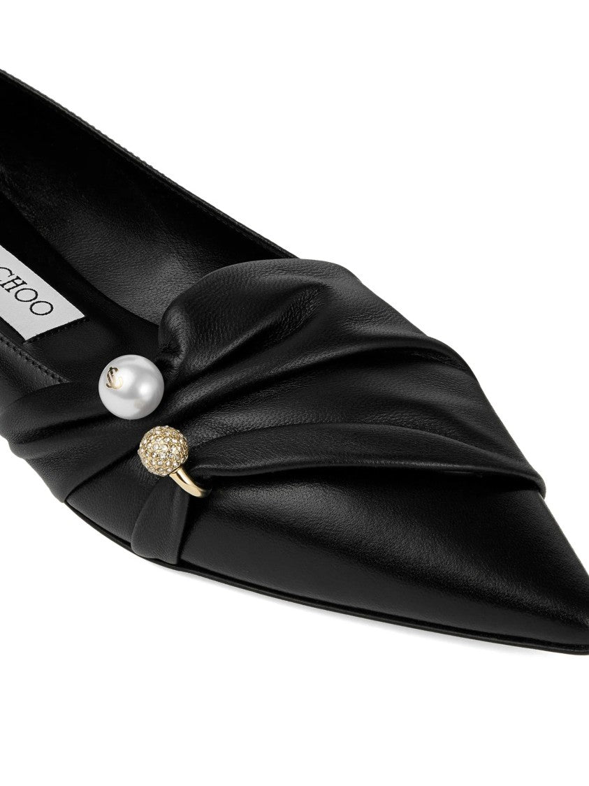 Jimmy Choo Pointed-Toe Nappa Leather Ballerina Flats With Pearl Detail