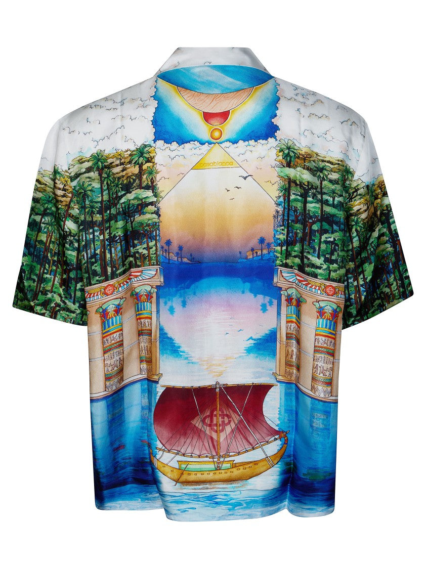 Casablanca Short-Sleeved Silk Shirt With Cuban Collar And Intricate Egyptian Print
