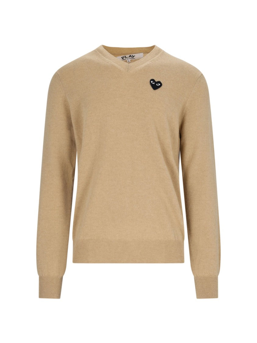 Comme Des Garçons Black Heart Patch Crewneck Beige Wool Sweater
