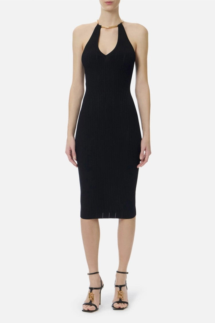 Elisabetta Franchi Black Ring Collar V-Neck Cutout Ribbed Viscose-Blend Midi Dress
