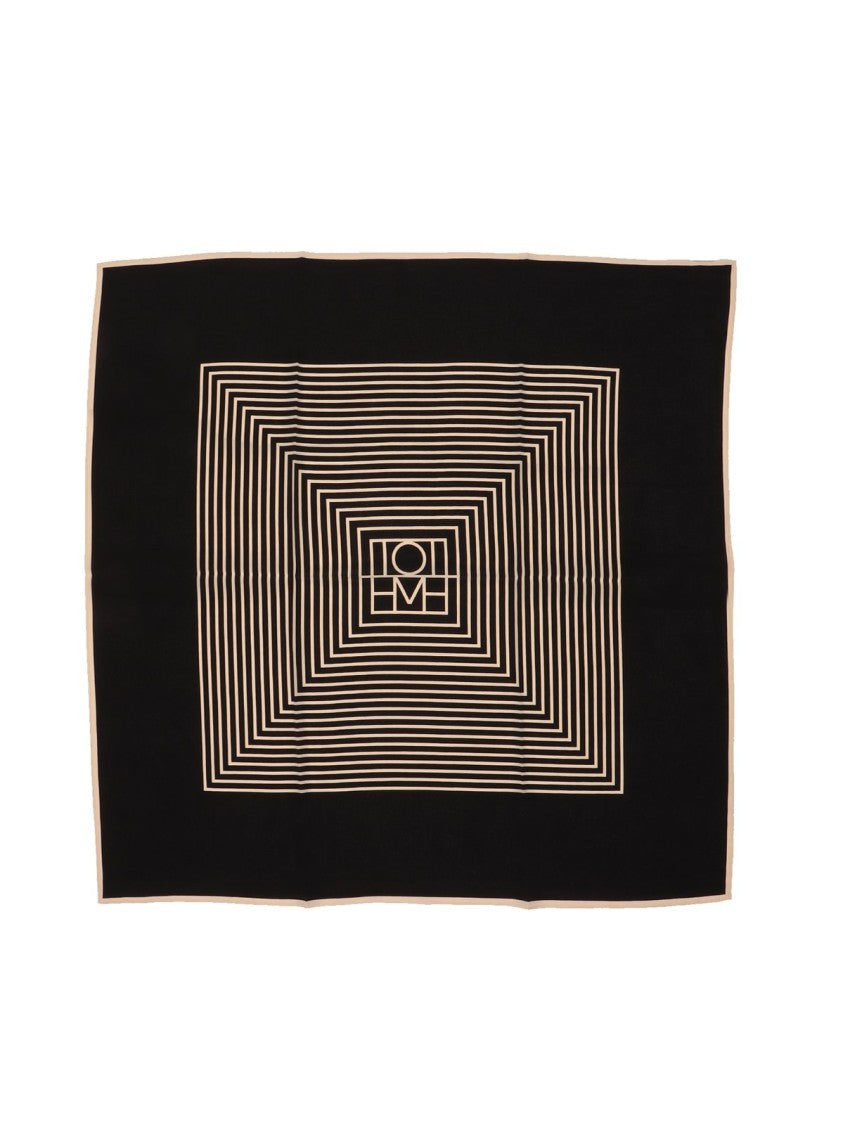 Totême Centered Geometric Monogram Black Silk Scarf