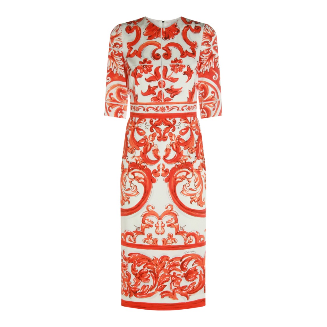 Dolce & Gabbana Vibrant Orange And White Midi Dress With Maiolica Pattern