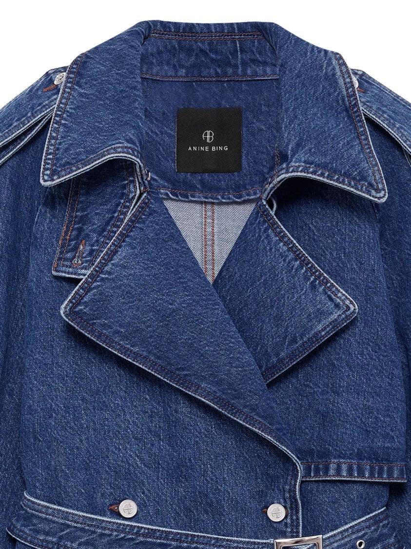 Anine Bing Pascale Double-Breasted Cropped Denim Trench Coat