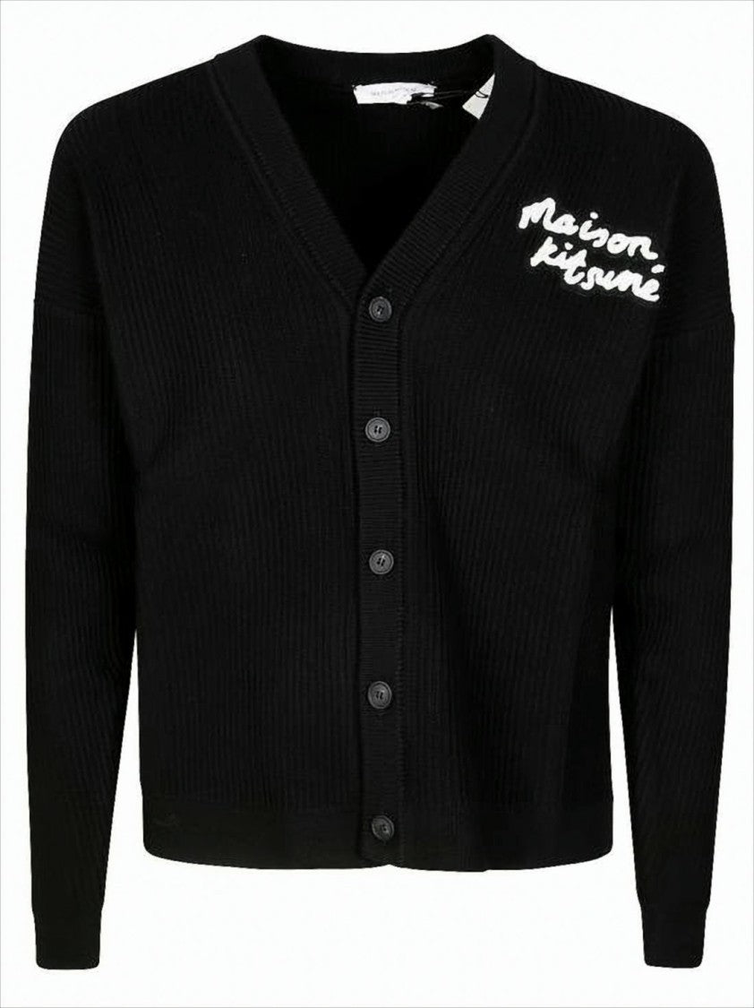 Maison Kitsuné Cropped Black Ribbed Knit Cardigan With V-Neckline And Embroidered Detail