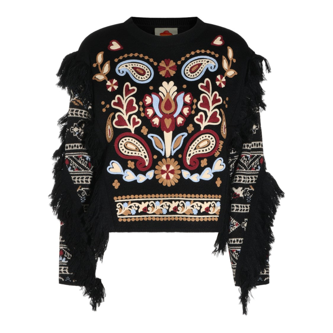 Farm Rio Black Embroidered Fringed Sweater