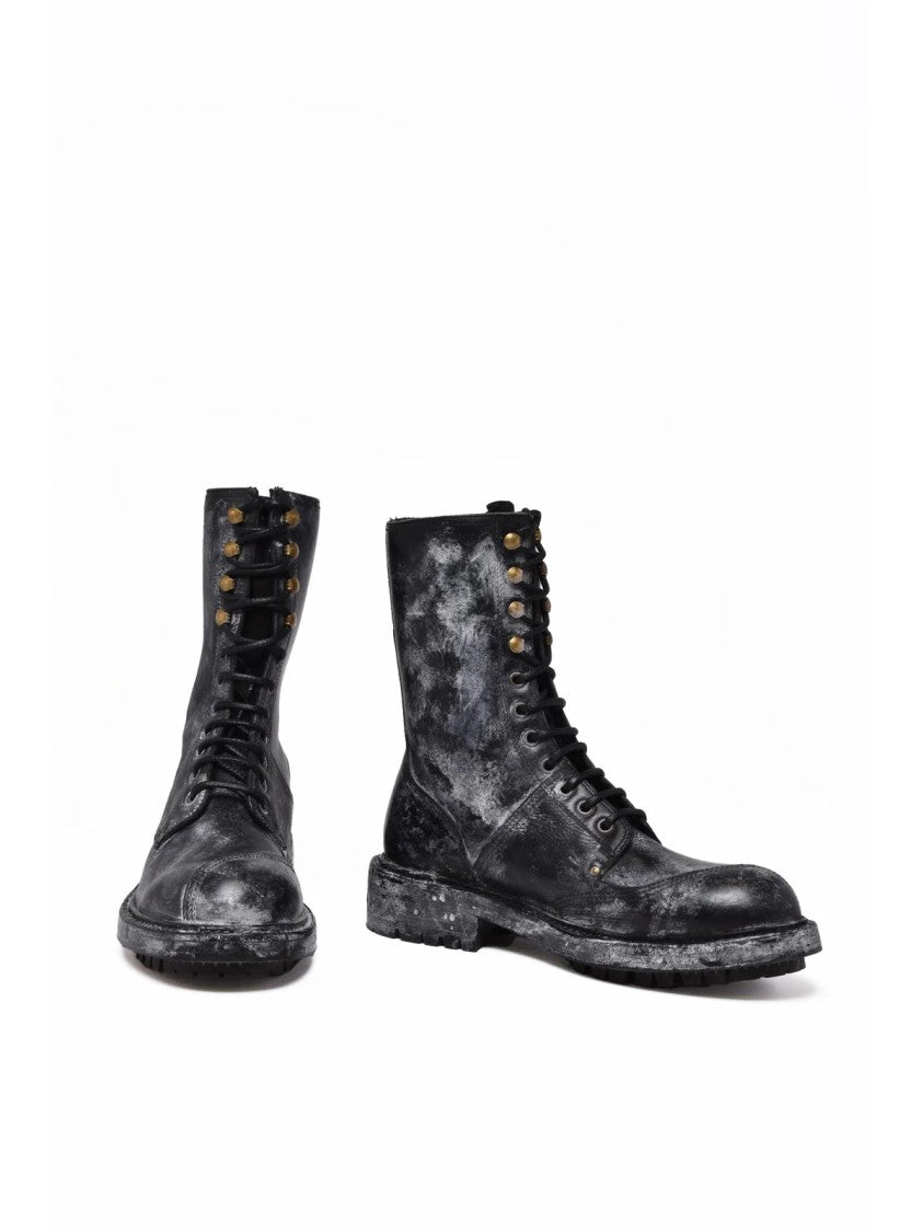 Dolce & Gabbana Distressed Black Leather Combat Boots With Rubber Sole