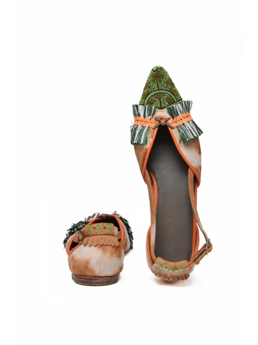 Meher Kakalia Green Orange Leather Sling-Back Ballerina