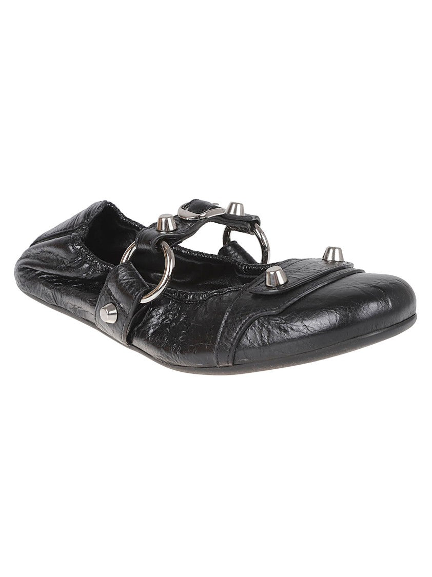 Balenciaga Crinkled Leather Flat Shoes With Pointed Toe And Decorative Hardware