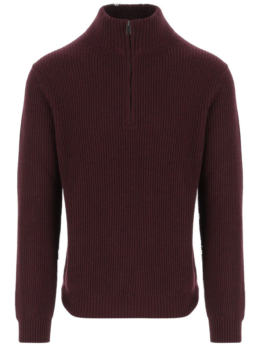Woolrich Bordeaux Wool Blend Sweater With Front Zipper And Rib Knitting