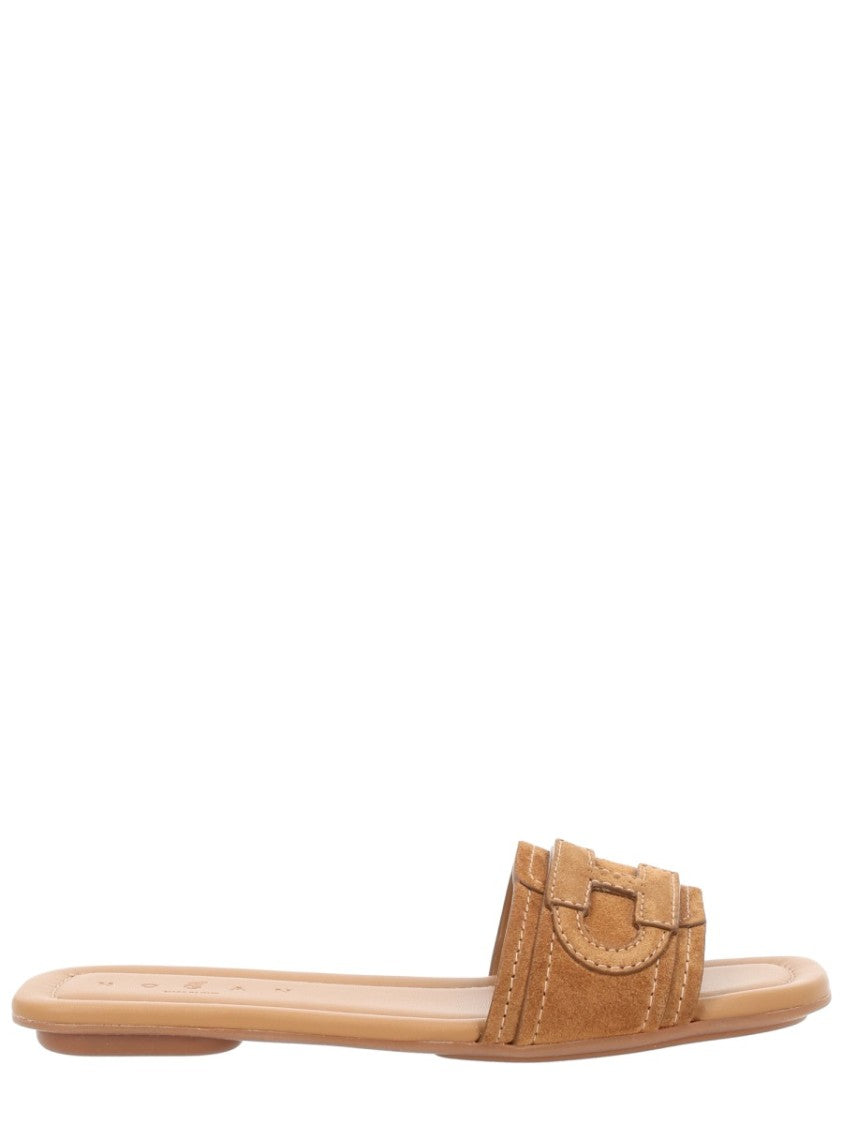 Hogan Flat Calf Leather Stitched Logo Sandals