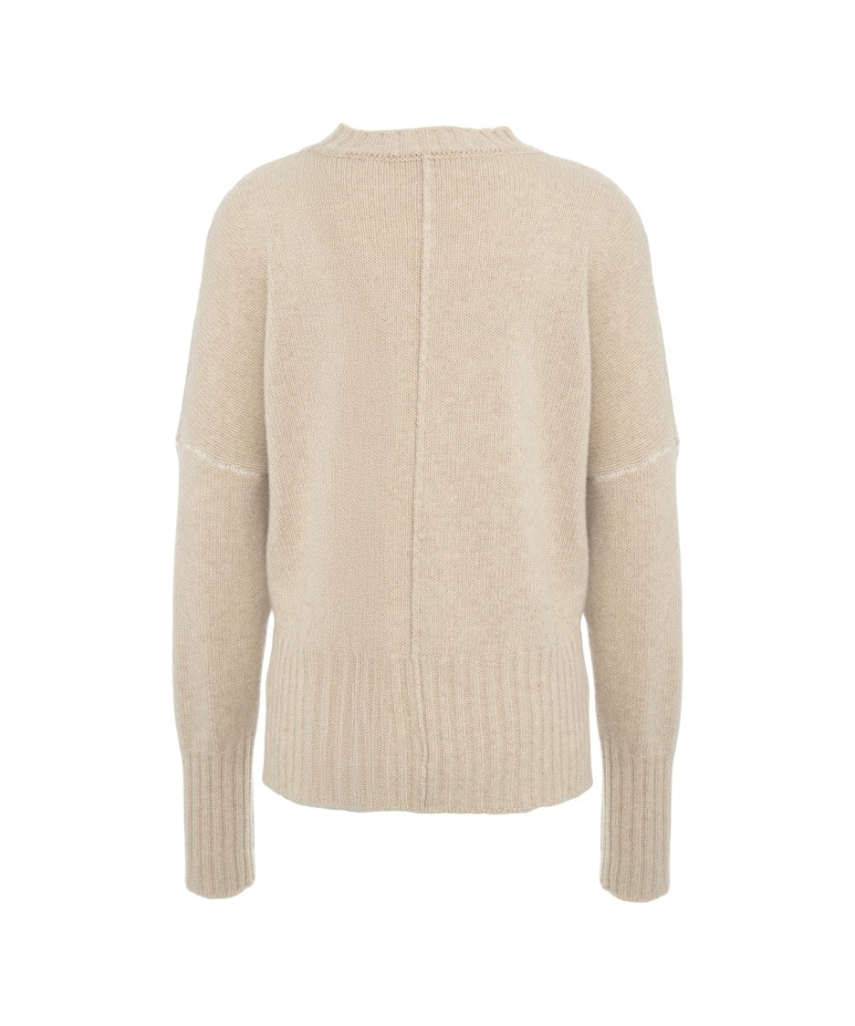 Jeio Beige Knit Sweater With Center Stitch Details