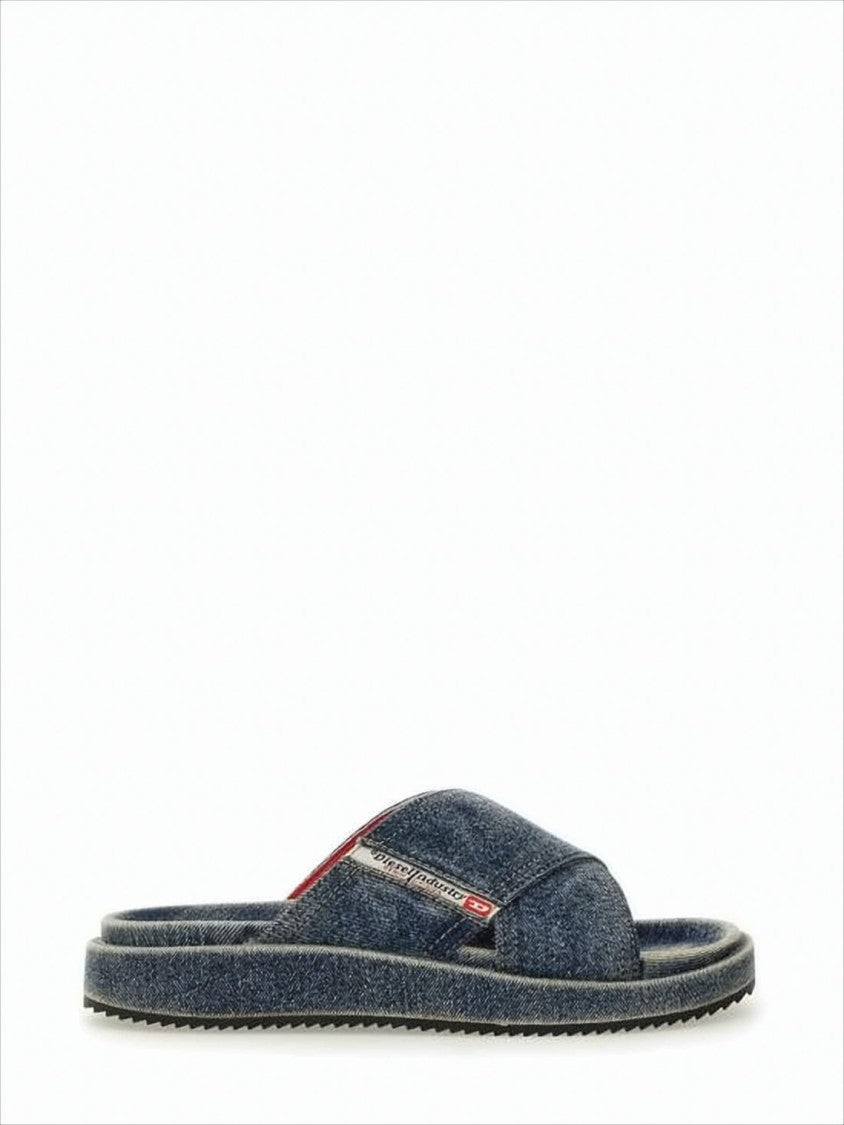 Diesel Denim-Textile Slip-On Mules With Vintage Wash Effect