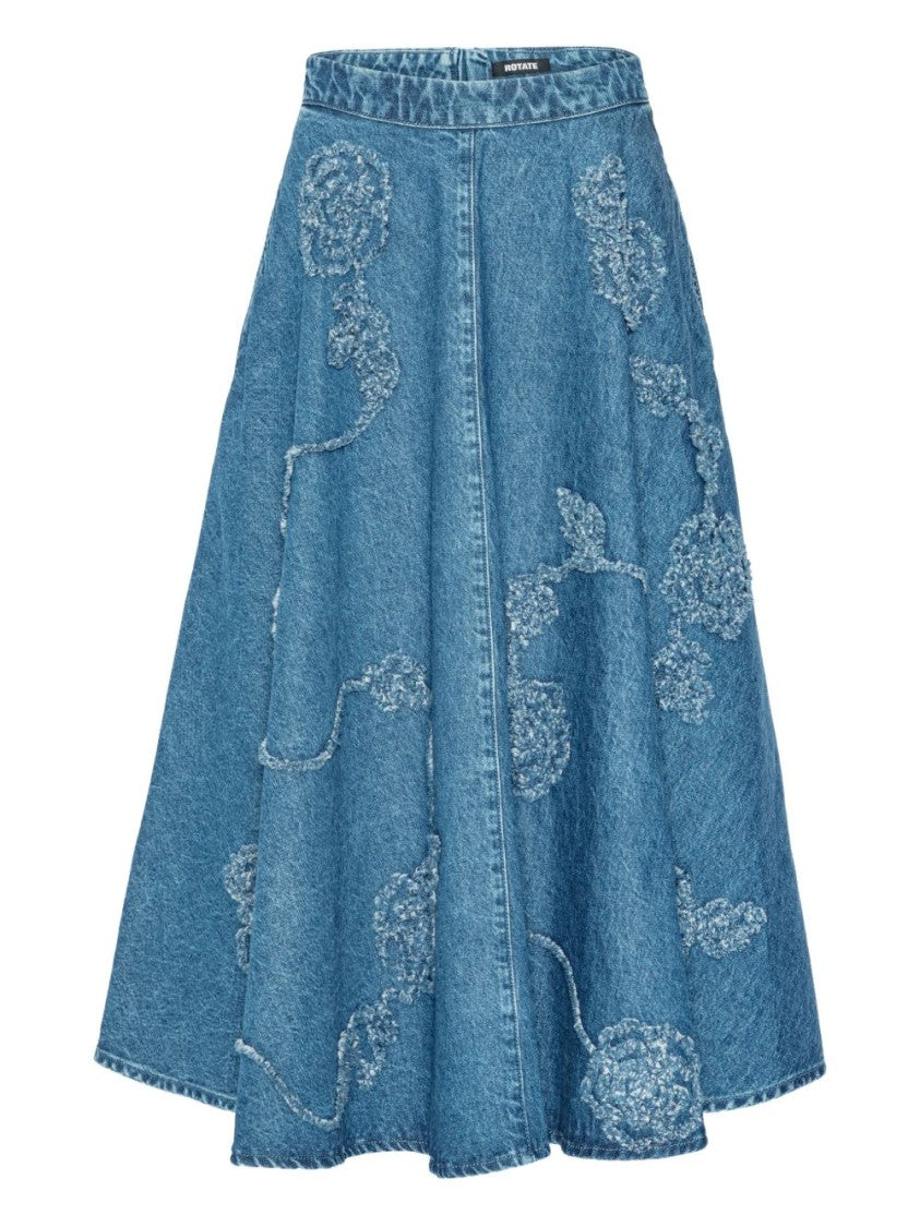 Rotate Flared Blue Midi Skirt With Intricate Floral Embroidery