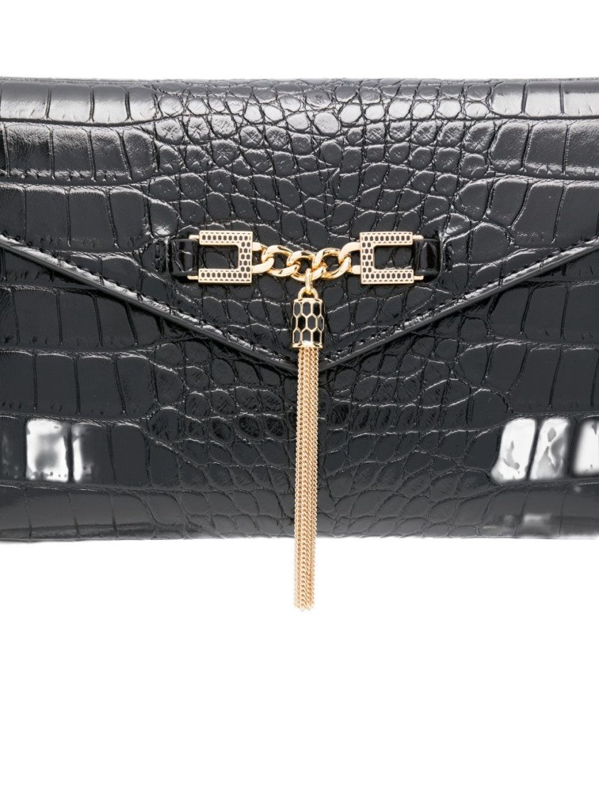 Elisabetta Franchi Glossy Black Crocodile-Embossed Clutch