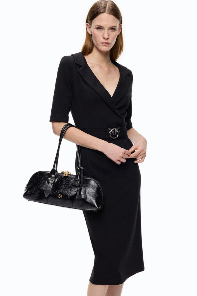 Pinko Black Viscose-Nylon Blend Buckle-Belt Wrap Dress