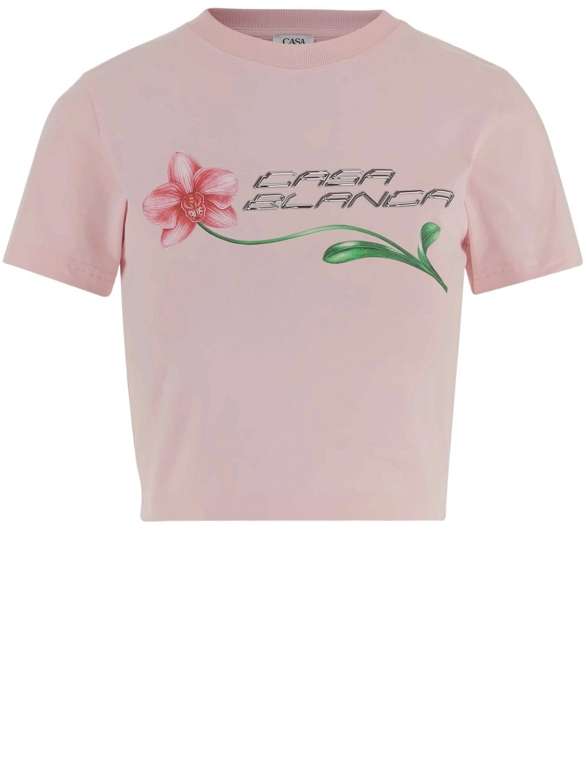 Casablanca Cropped Cotton T-Shirt With Floral Graphic