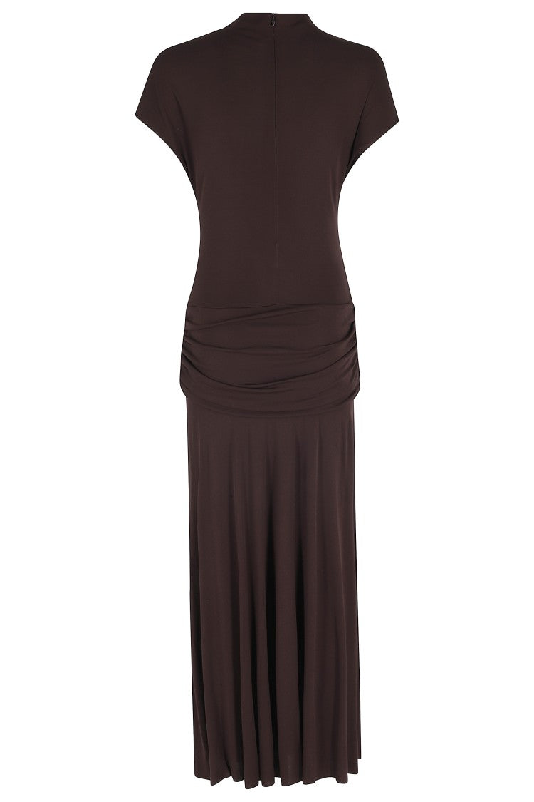 Semi Couture Brown Gwen High-Neck Ruched-Hips Viscose Midi Dress