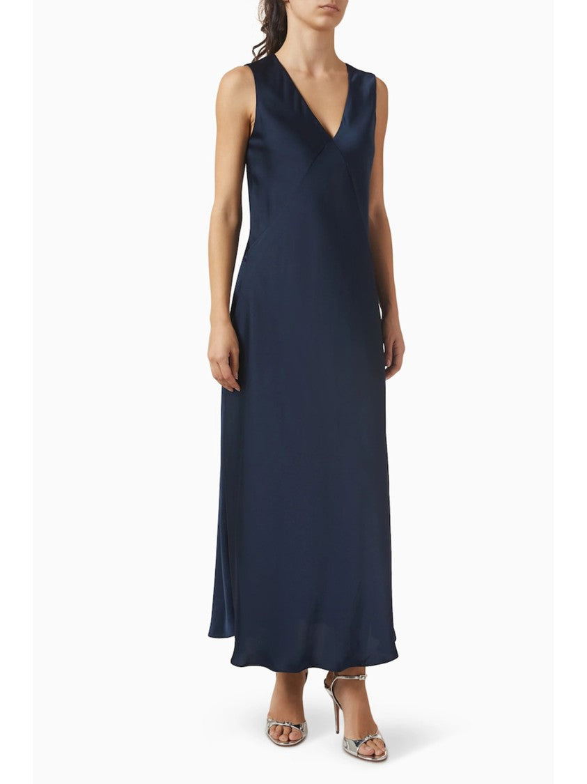 Michael Kors Blue Satin Finish V Neck Midi Dress