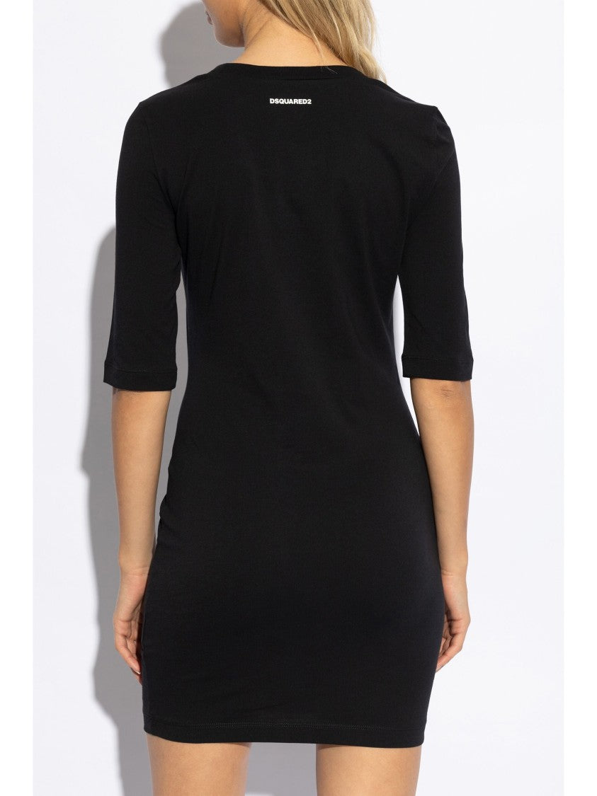 Dsquared2 Fitted Black Cotton Heart Cutout Dress