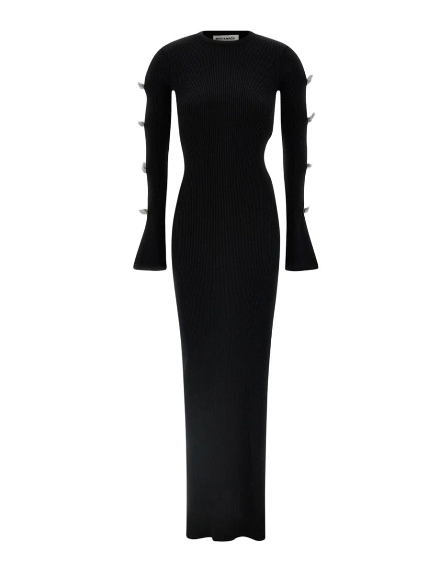 Mach & Mach Cut-Out Crystal Bow Sleeves Rib Knit Maxi Dress