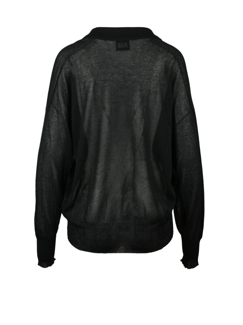 Alpha Studio Black Viscose Polyester Oversized Polo Shirt