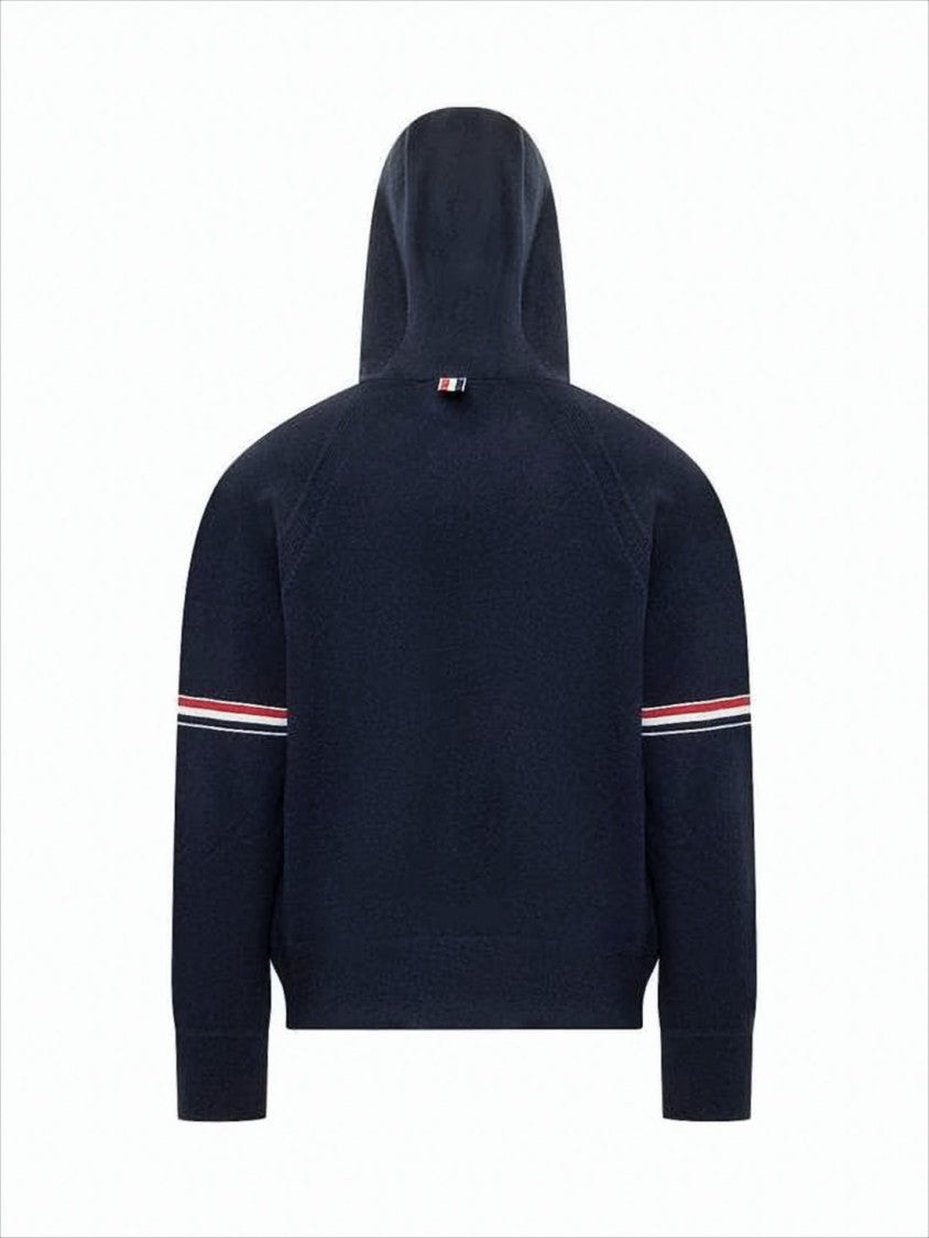 Thom Browne Navy Blue Cashmere Hooded Jacket With Ribbed Cuffs