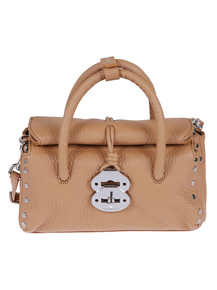 Zanellato Rectangular Hammered Leather Handbag With Twist Lock Closure