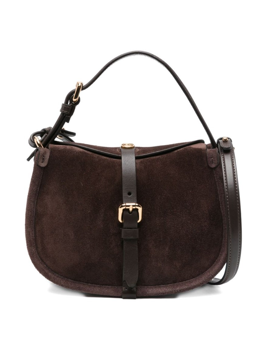 Etro Saddle-Shaped Dark Brown Suede Bag With Gold Accents