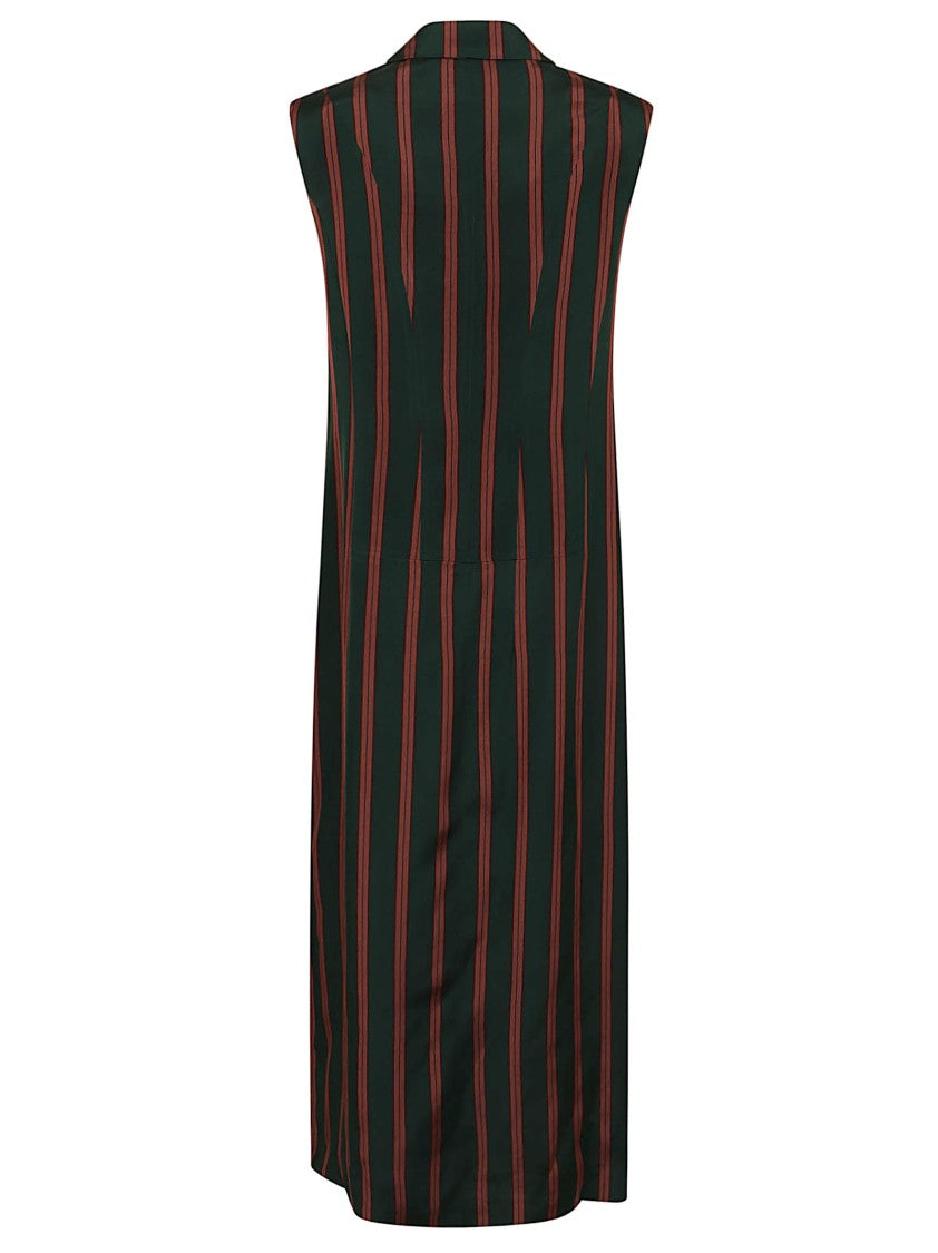 Dries Van Noten Sleeveless Striped Satin Long Coat With Peak Lapels