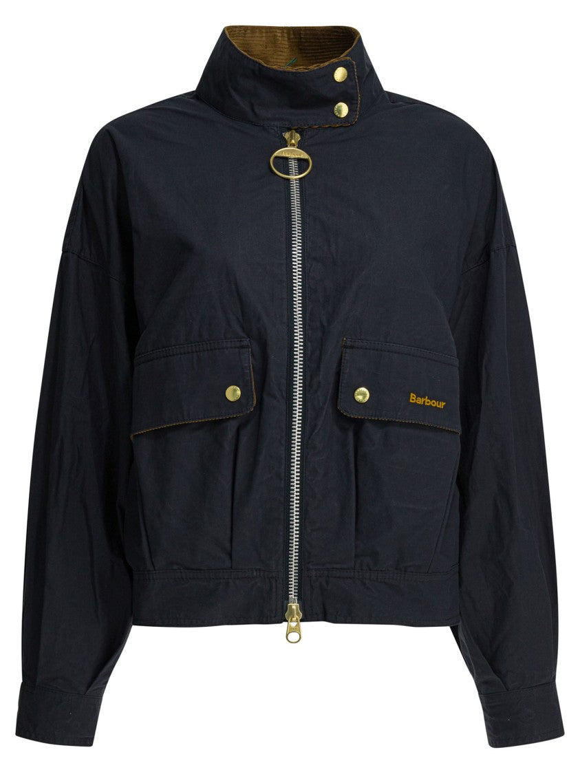 Barbour Cropped Black Cotton Jacket With High Collar And Distinctive Snap Button Details