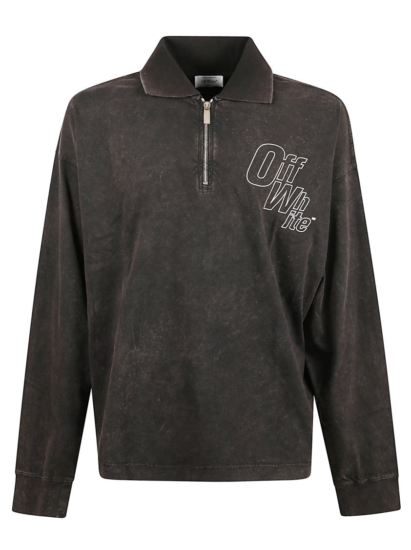 Off-White Long-Sleeve Polo Shirt With Half-Zip And Graphic Design