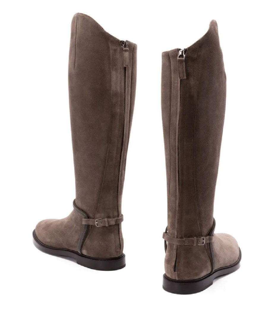 Brunello Cucinelli Suede Tall Boots With Ankle Strap