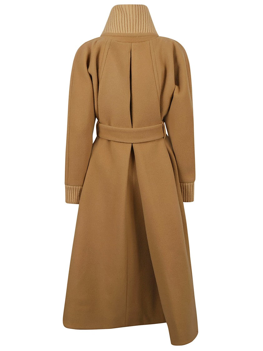 Patou Long Belted Coat With High Ribbed Collar