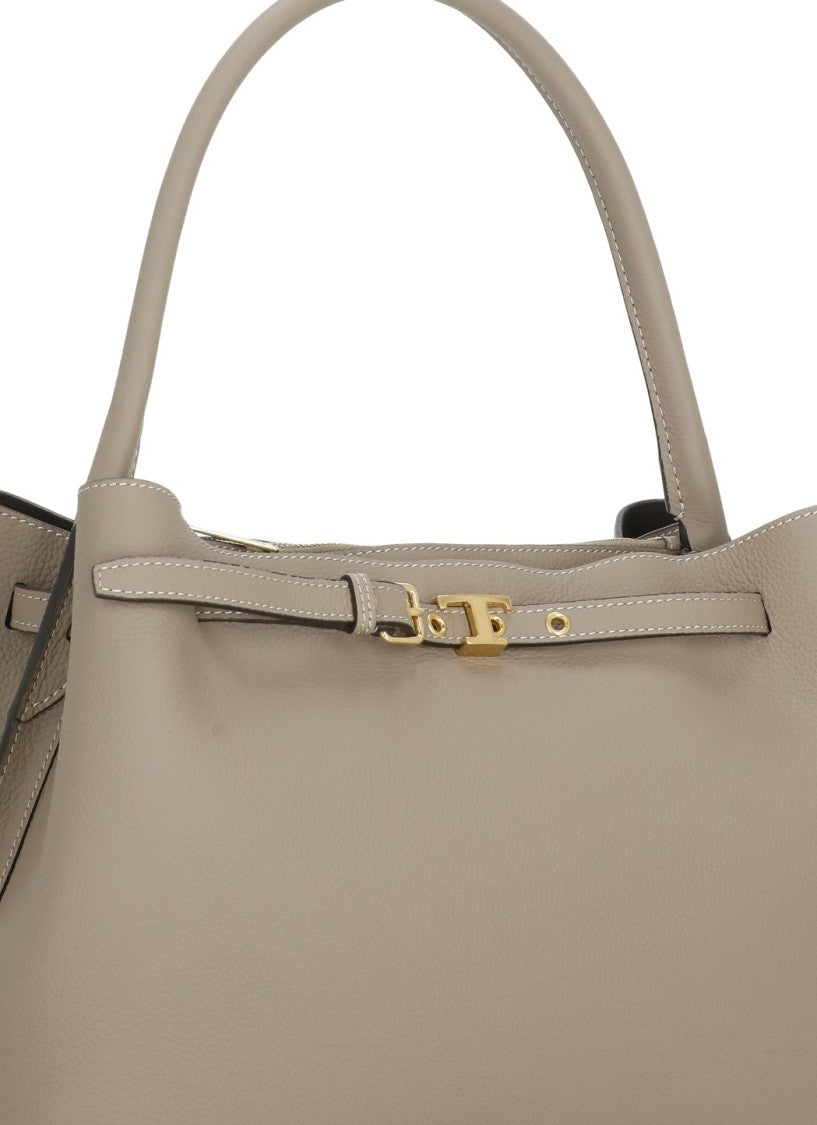 Tod's Timeless Beige Leather Top Handle Bag With Metallic Logo