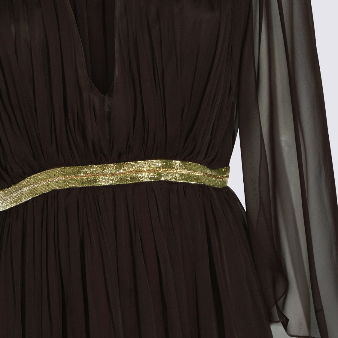 Alberta Ferretti Maxi Dress With Deep V-Neckline And Sheer Sleeves