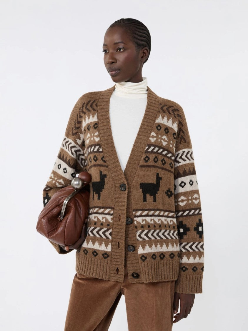 Max Mara Textured Brown Knit Cardigan With Geometric Motifs