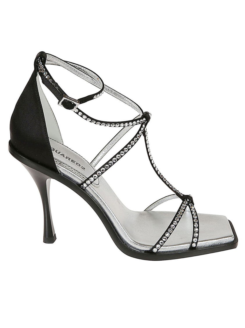 Dsquared2 Strappy Black Sandals With Rhinestone Accents