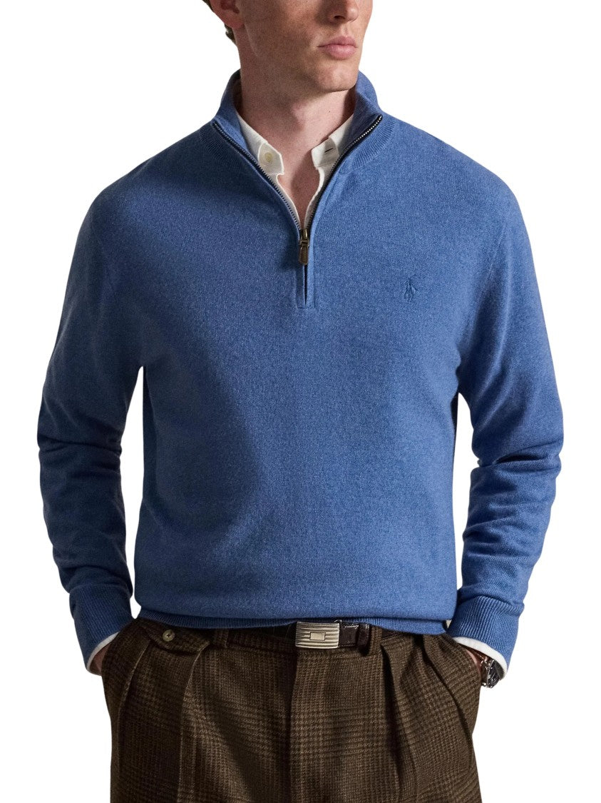 Polo Ralph Lauren Blue Quarter-Zip Rib-Knit Wool Sweater