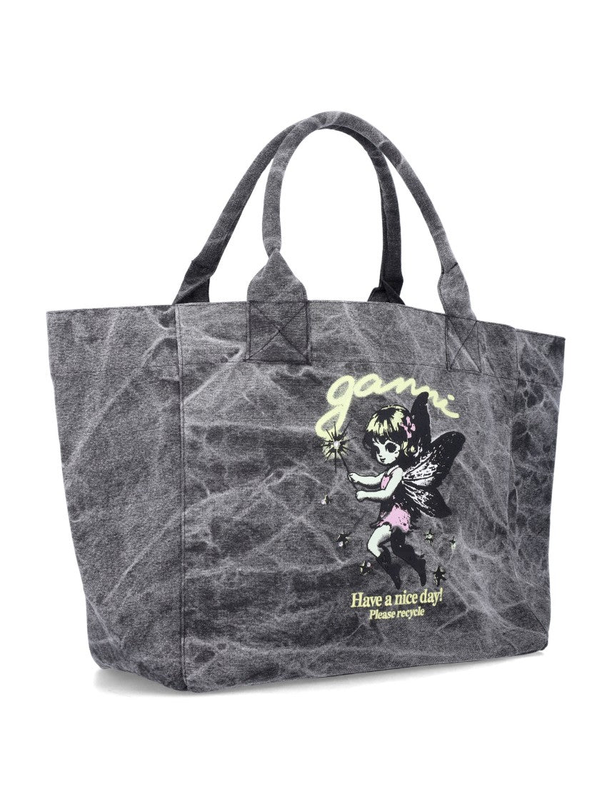 Ganni Fairy Print Textured Grey Tote
