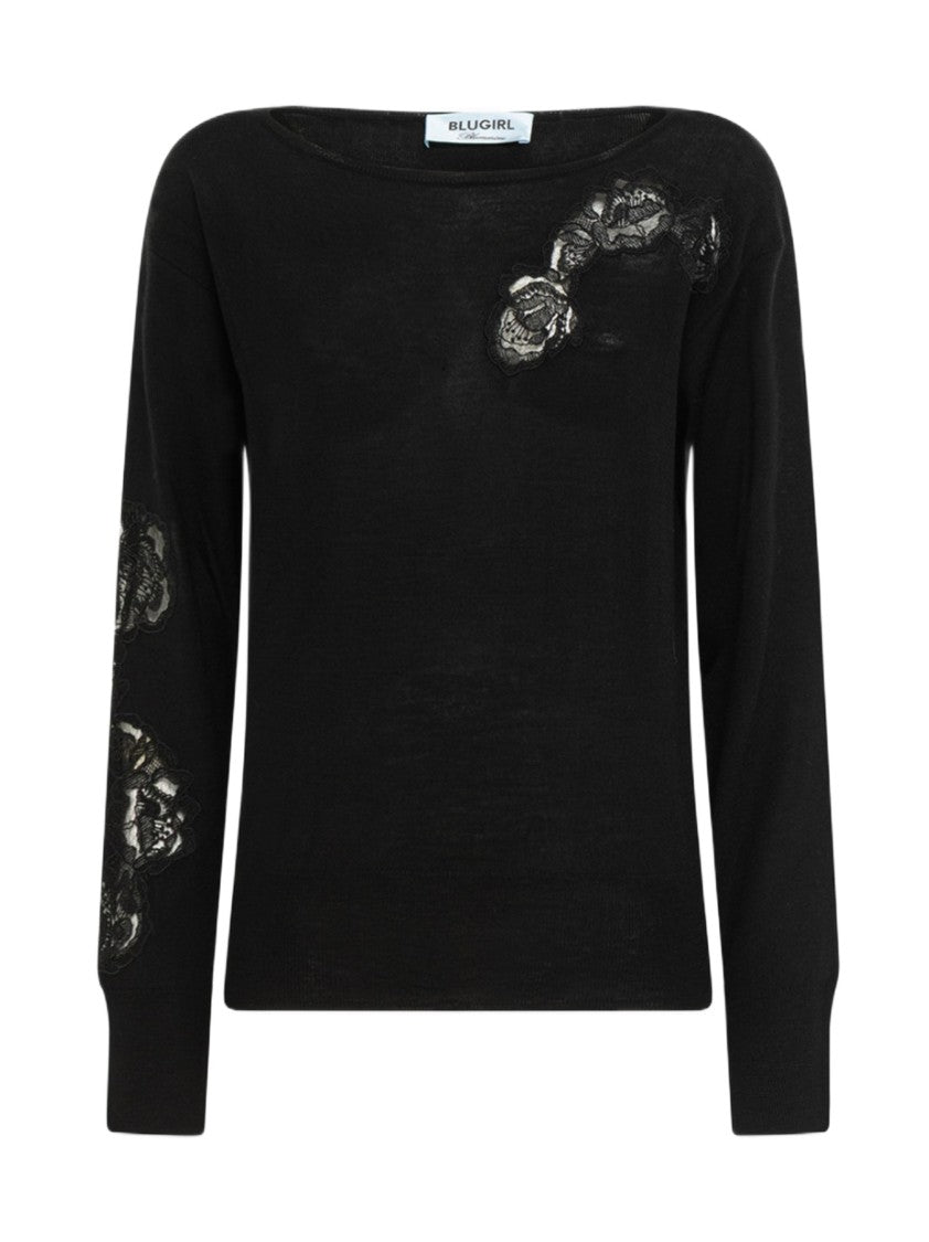 Blugirl Black Sweater With Floral Lace Appliqué Details