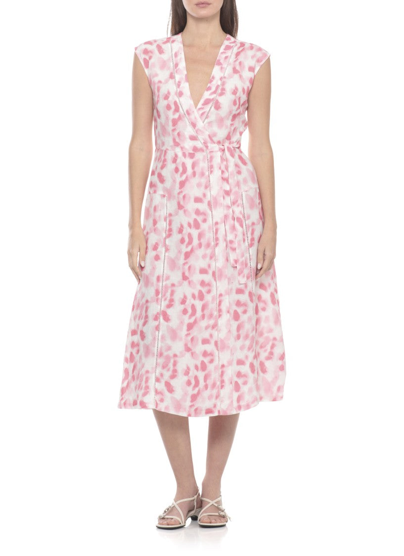 120% Lino V-Neck Linen Midi Dress With Lace Waist Detail