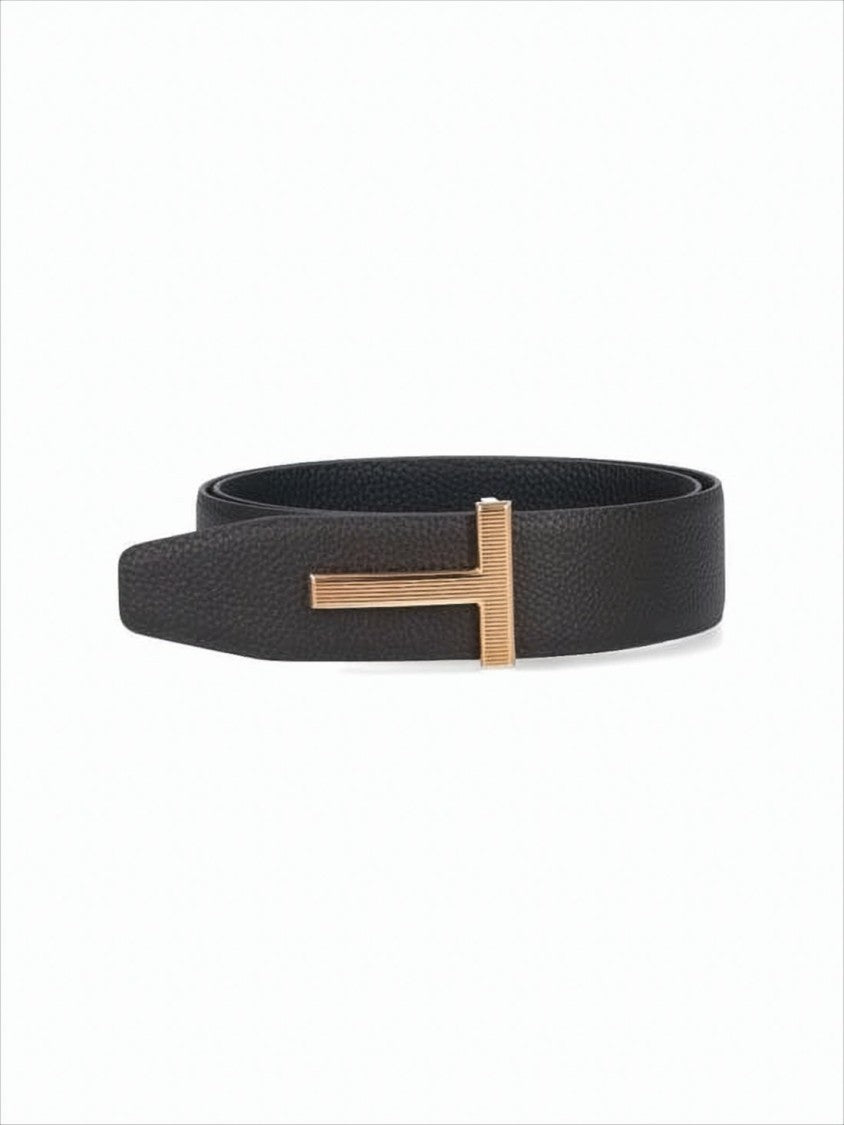 Tom Ford Textured Calfskin Leather Belt With T-Shaped Gold Buckle